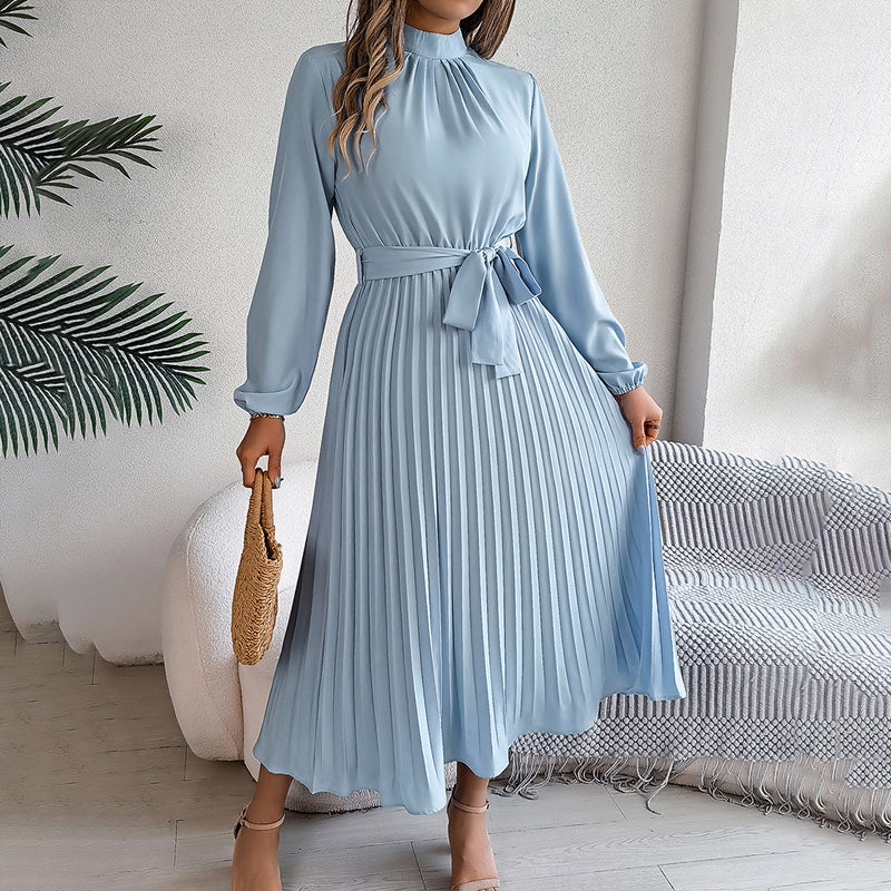 Elegant Solid Color High Collar Long Sleeve Pleated Flowing Dress