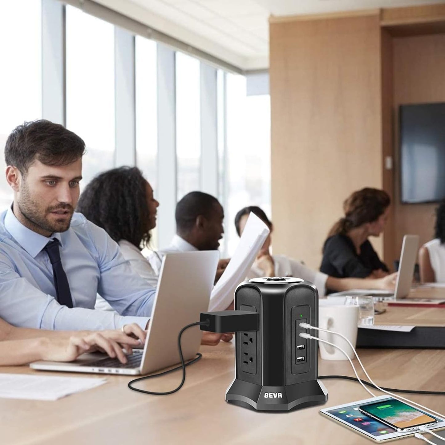 Power Strip Tower Surge Protector 10Ft Flat Plug Desktop Charging Station 9 AC Outlets 4 USB Ports, 900 Joules, Long Extension Cord for Home Office Appliances Smartphones Computer Tablets(Black)