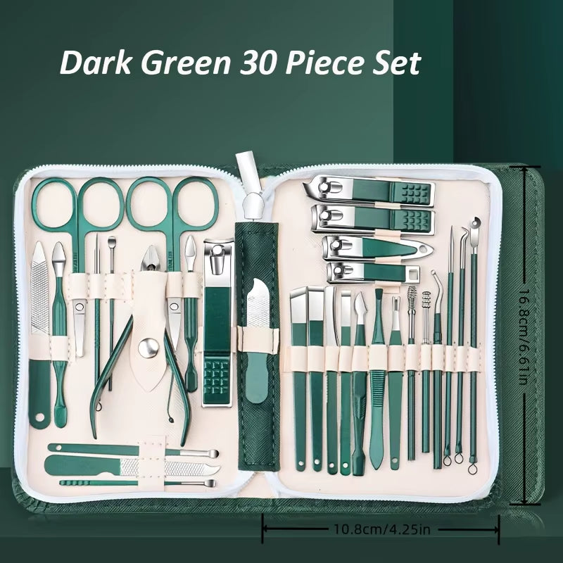 30Pcs Professional Stainless Steel Nail Clipper Set Green Nail Tools Manicure Pedicure Set of 30Pcs Travel Grooming Kit