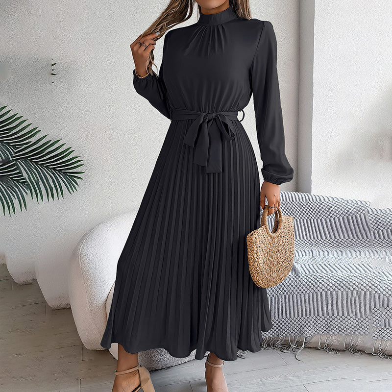 Elegant Solid Color High Collar Long Sleeve Pleated Flowing Dress