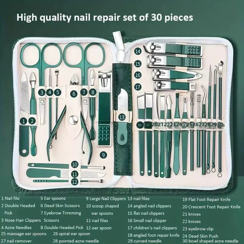 30Pcs Professional Stainless Steel Nail Clipper Set Green Nail Tools Manicure Pedicure Set of 30Pcs Travel Grooming Kit