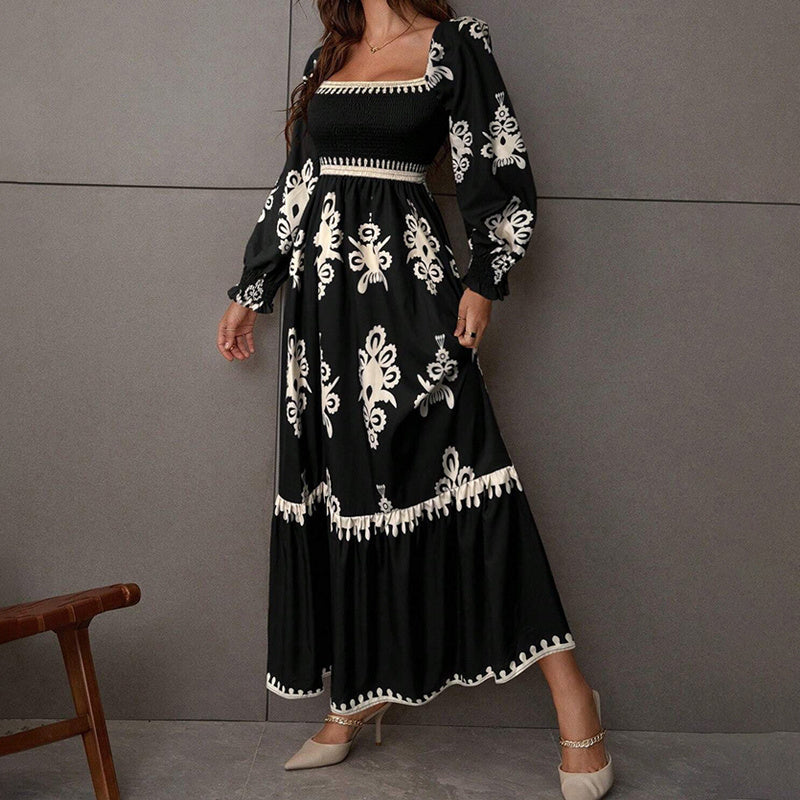 Elegant Women'S Retro Geometric Print Square Neck A-Line Lantern Sleeve Dress