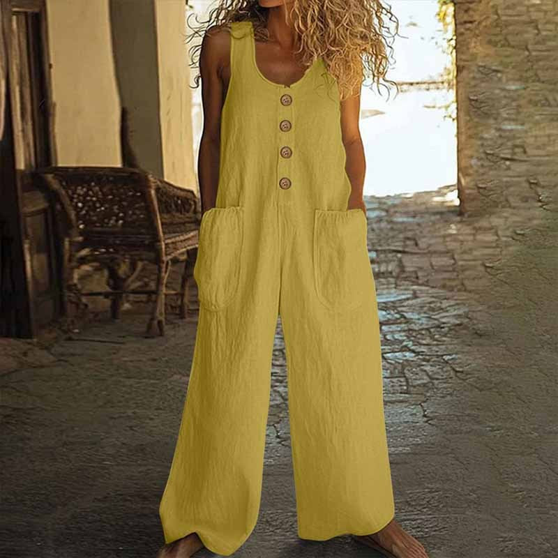 Women Elegant Casual Front Button Wide Leg Jumpsuit