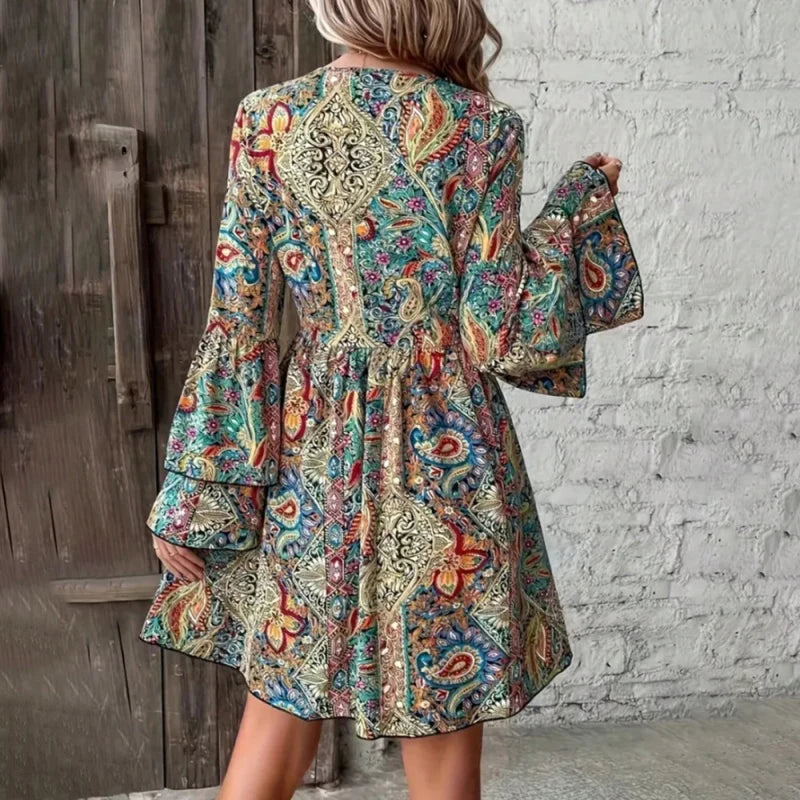 Women Elegant V Neck A-Line Waist Floral Print Dress - Tiered Bell Sleeves