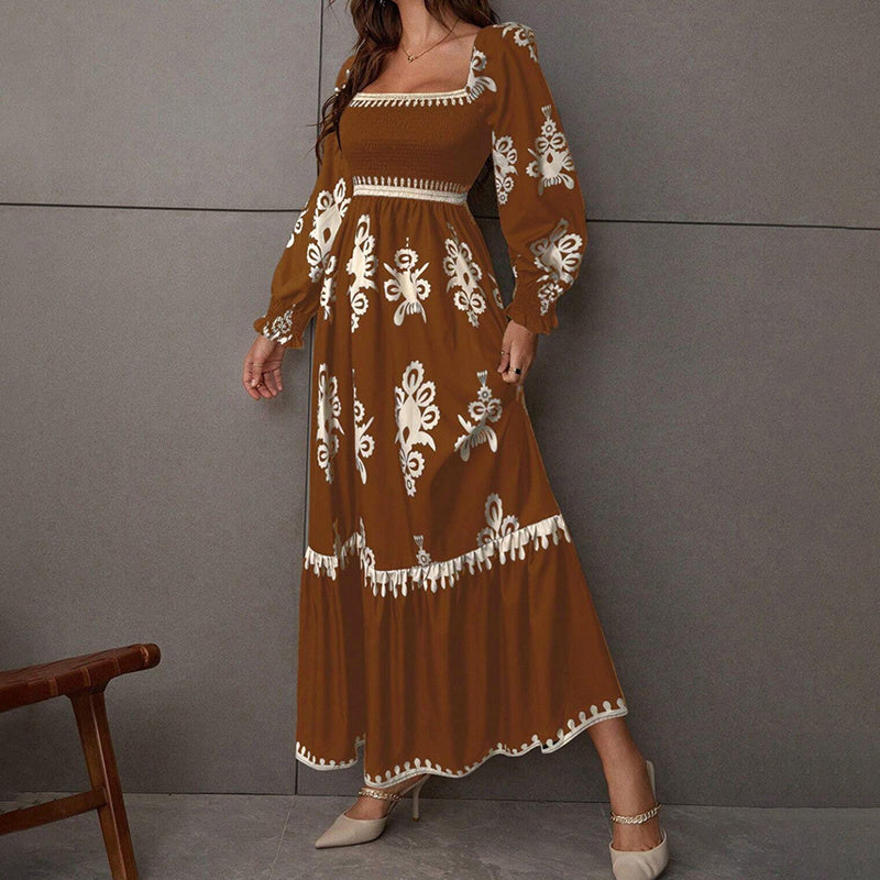Elegant Women'S Retro Geometric Print Square Neck A-Line Lantern Sleeve Dress