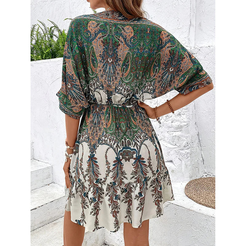 Women V-Neck Tie Front Short Sleeve Floral A-Line Beach Bohemian Flowy Waist Dress