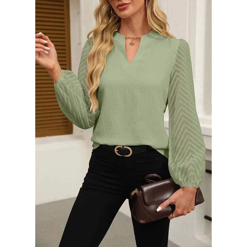 Women Elegant Casual V Neck Lace Long Sleeve Chiffon Shirt