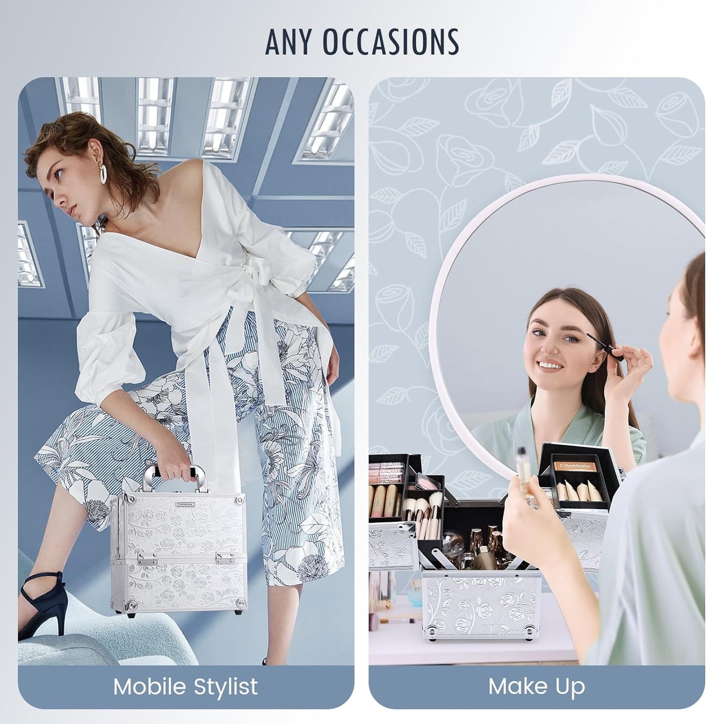 Makeup Case Makeup Box Travel Train Case Portable Cosmetic Box Storage Cases Make up Trvel Case with 4 Trays Divider Locking Hard Vanity Case for Artist Nail Cafter Supplies Silver Rose