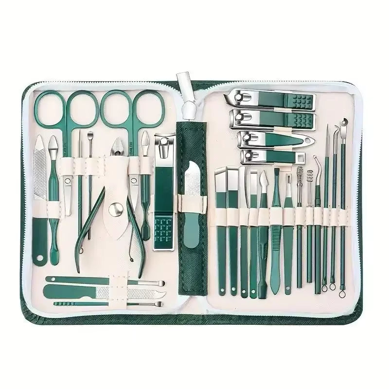 30Pcs Professional Stainless Steel Nail Clipper Set Green Nail Tools Manicure Pedicure Set of 30Pcs Travel Grooming Kit