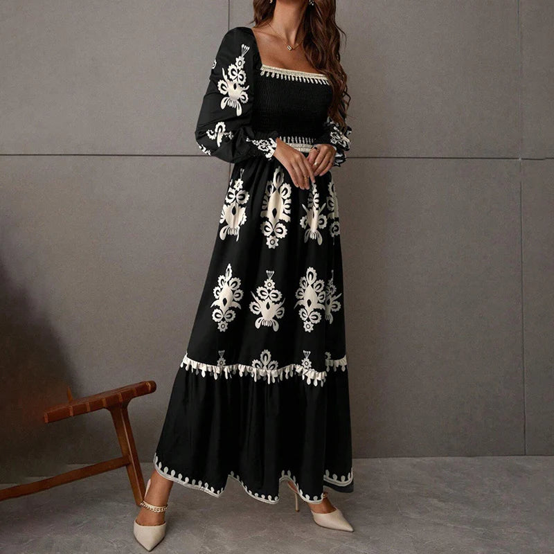 Elegant Women'S Retro Geometric Print Square Neck A-Line Lantern Sleeve Dress