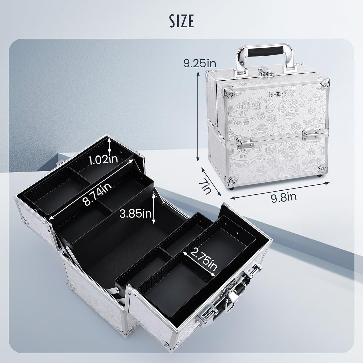 Makeup Case Makeup Box Travel Train Case Portable Cosmetic Box Storage Cases Make up Trvel Case with 4 Trays Divider Locking Hard Vanity Case for Artist Nail Cafter Supplies Silver Rose