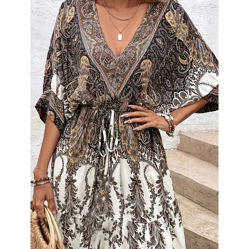 Women V-Neck Tie Front Short Sleeve Floral A-Line Beach Bohemian Flowy Waist Dress
