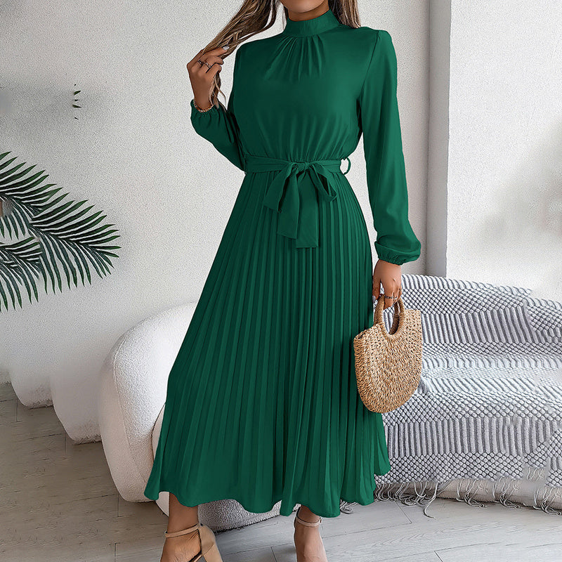 Elegant Solid Color High Collar Long Sleeve Pleated Flowing Dress