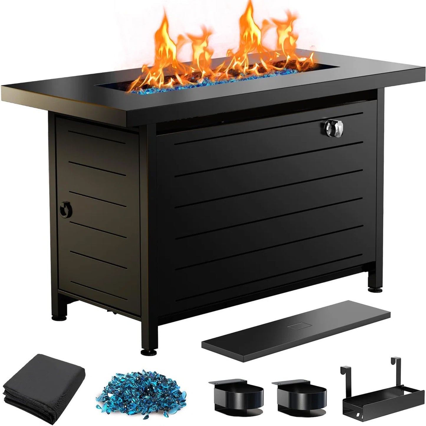 43" Outdoor Propane Fire Pit Table - 60,000 BTU with Lid, Glass Beads, Cup Holders, Hanging Shelf & Nylon Cover - Perfect for Your Patio!