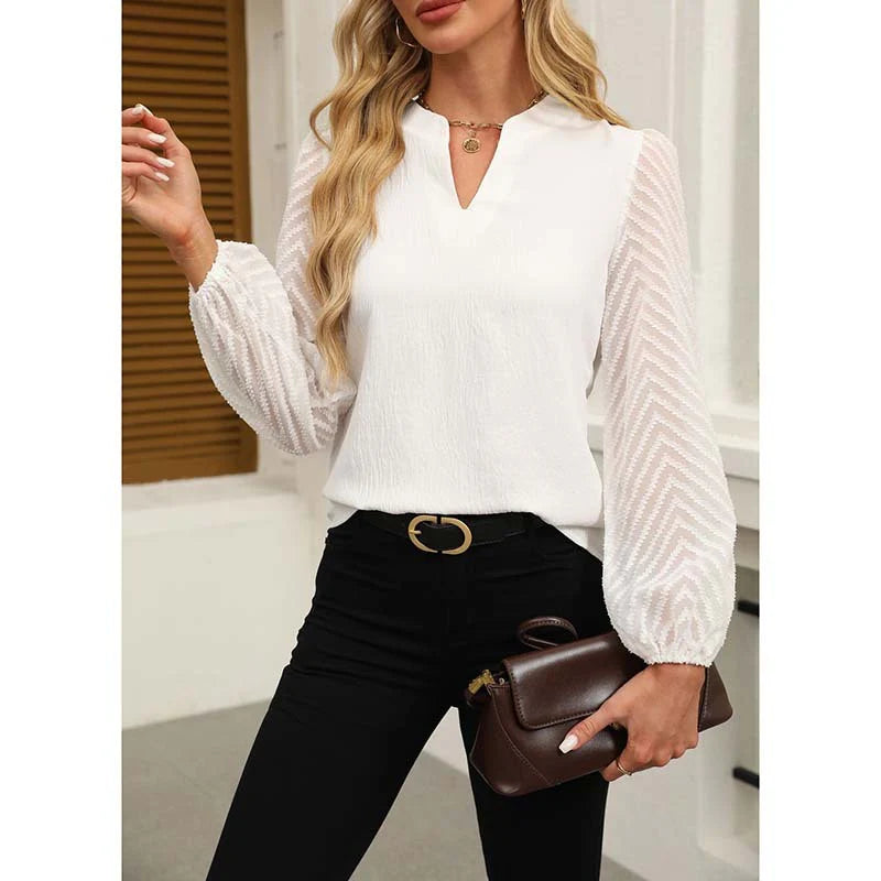 Women Elegant Casual V Neck Lace Long Sleeve Chiffon Shirt