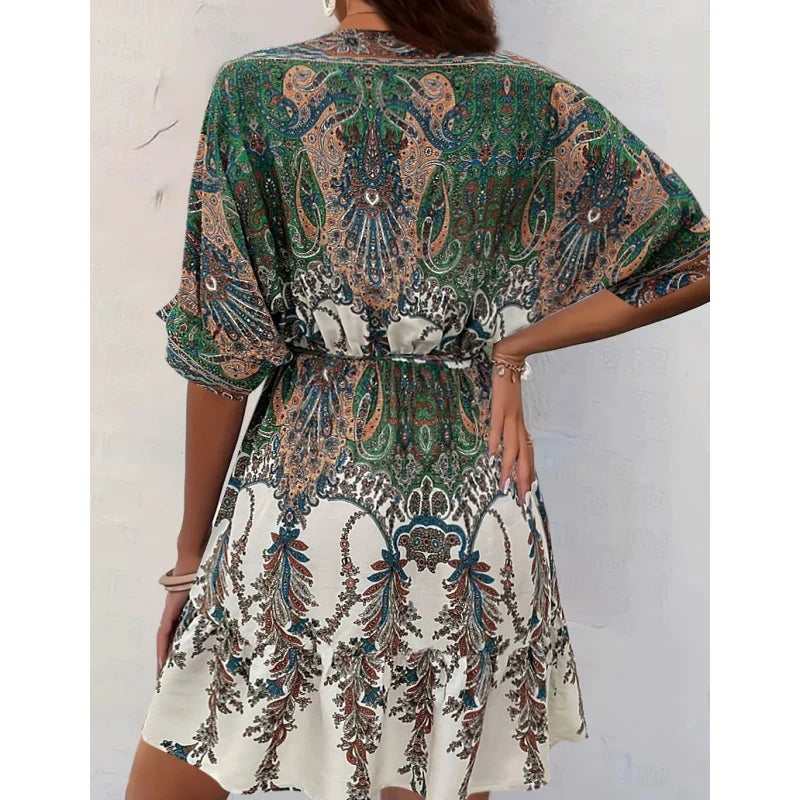 Women V-Neck Tie Front Short Sleeve Floral A-Line Beach Bohemian Flowy Waist Dress