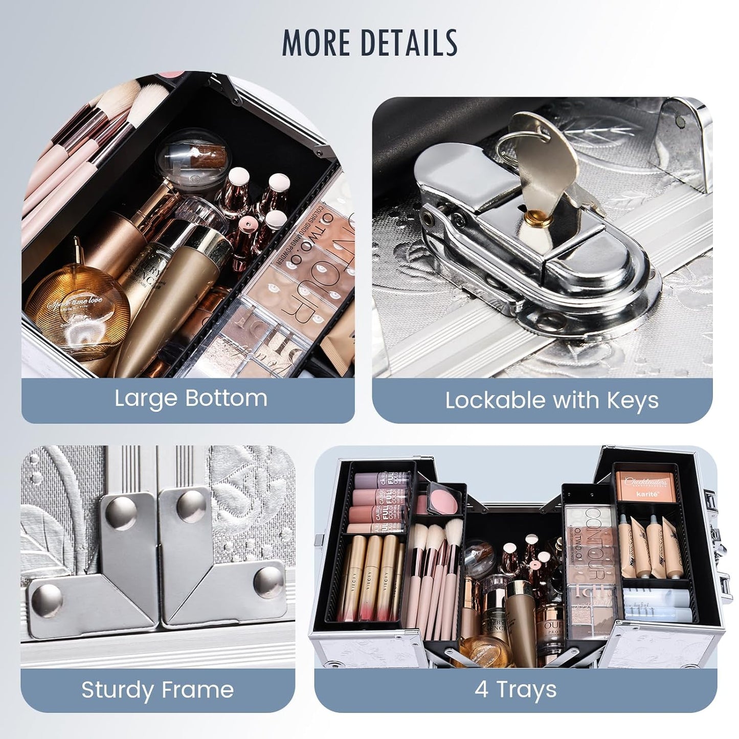 Makeup Case Makeup Box Travel Train Case Portable Cosmetic Box Storage Cases Make up Trvel Case with 4 Trays Divider Locking Hard Vanity Case for Artist Nail Cafter Supplies Silver Rose