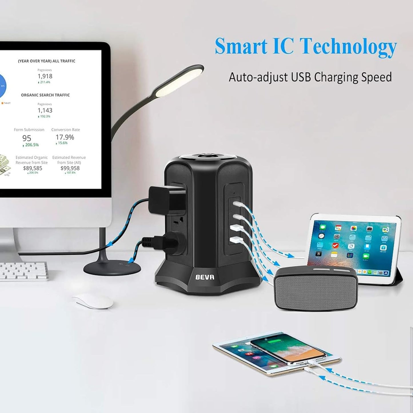 Power Strip Tower Surge Protector 10Ft Flat Plug Desktop Charging Station 9 AC Outlets 4 USB Ports, 900 Joules, Long Extension Cord for Home Office Appliances Smartphones Computer Tablets(Black)