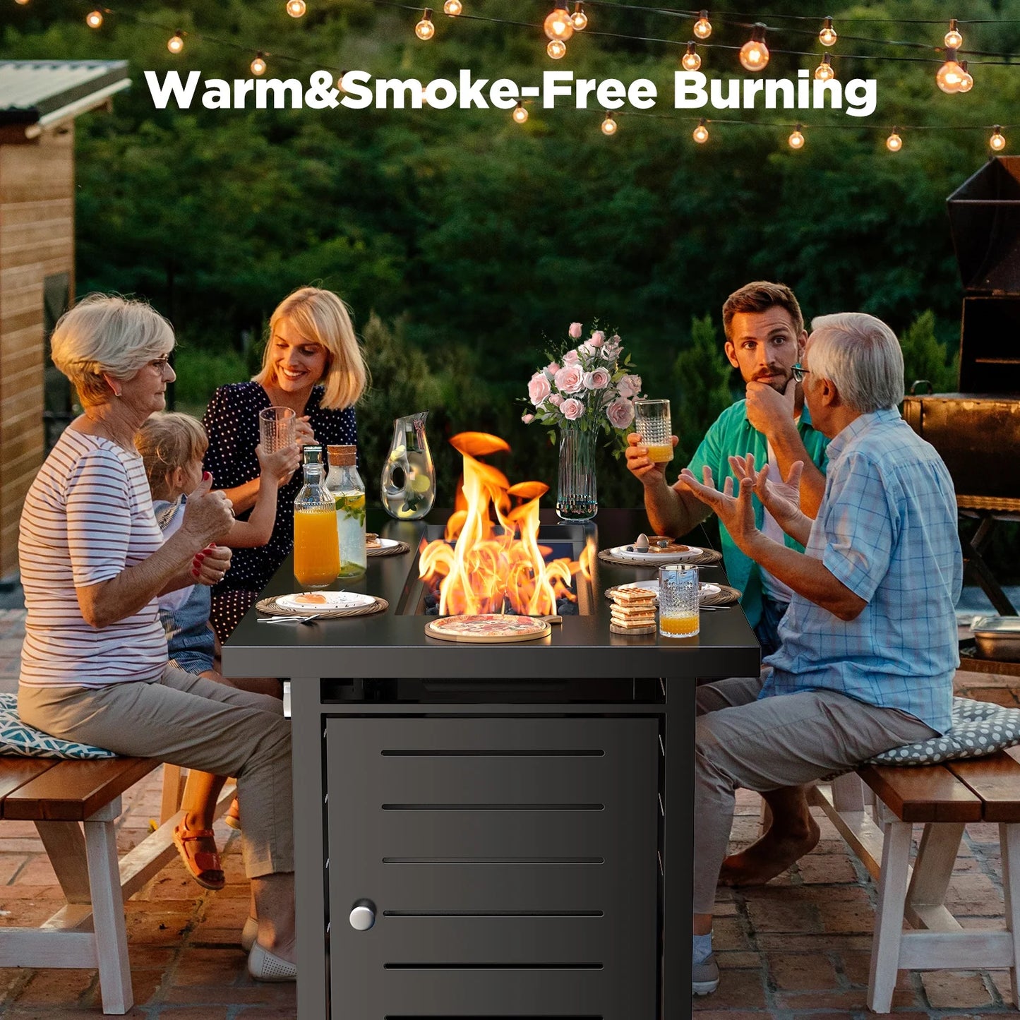 43" Outdoor Propane Fire Pit Table - 60,000 BTU with Lid, Glass Beads, Cup Holders, Hanging Shelf & Nylon Cover - Perfect for Your Patio!