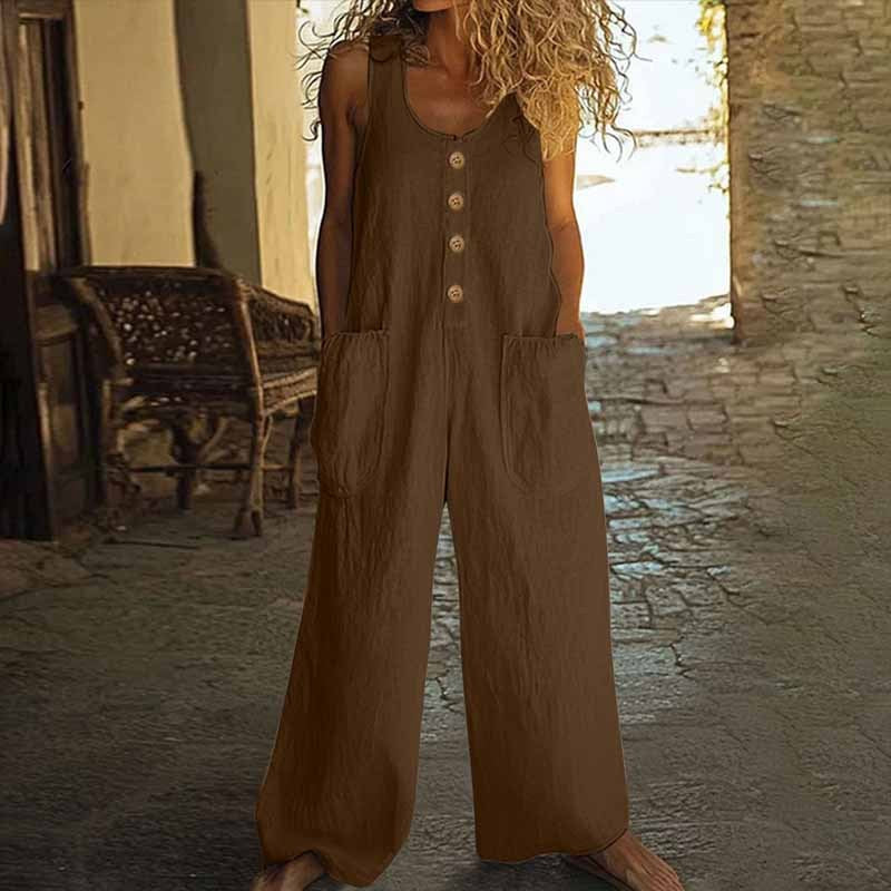 Women Elegant Casual Front Button Wide Leg Jumpsuit