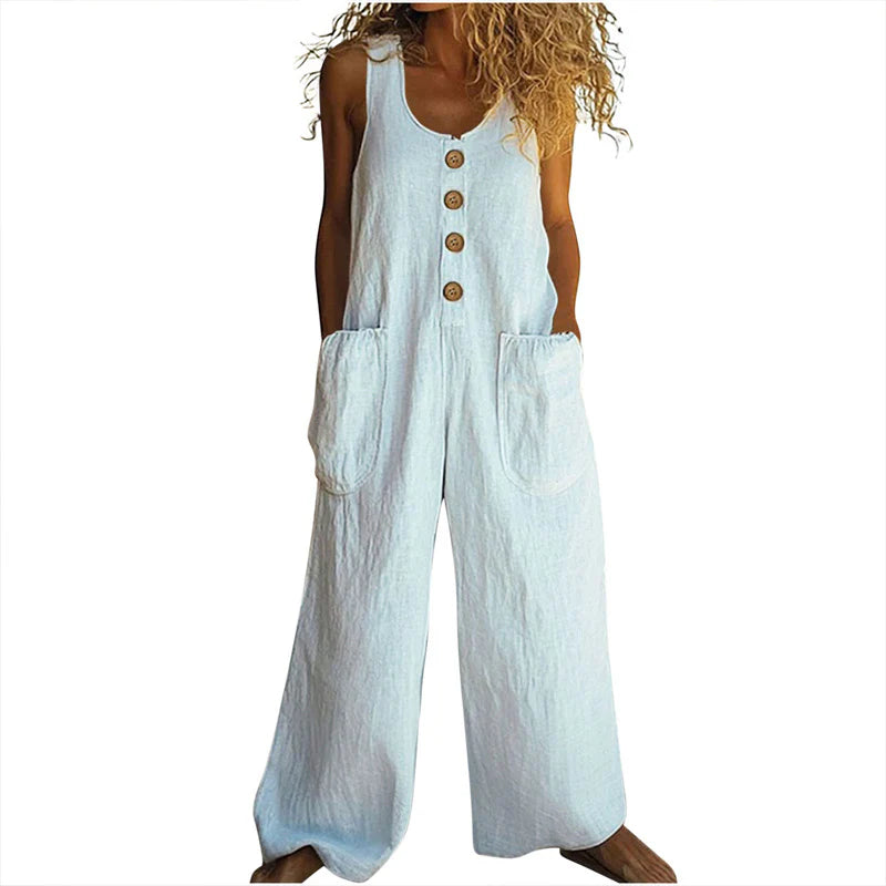 Women Elegant Casual Front Button Wide Leg Jumpsuit