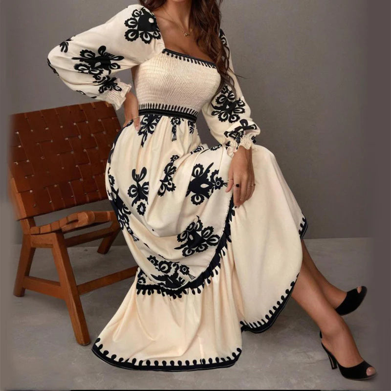 Elegant Women'S Retro Geometric Print Square Neck A-Line Lantern Sleeve Dress