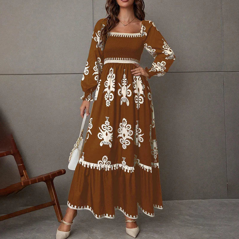 Elegant Women'S Retro Geometric Print Square Neck A-Line Lantern Sleeve Dress