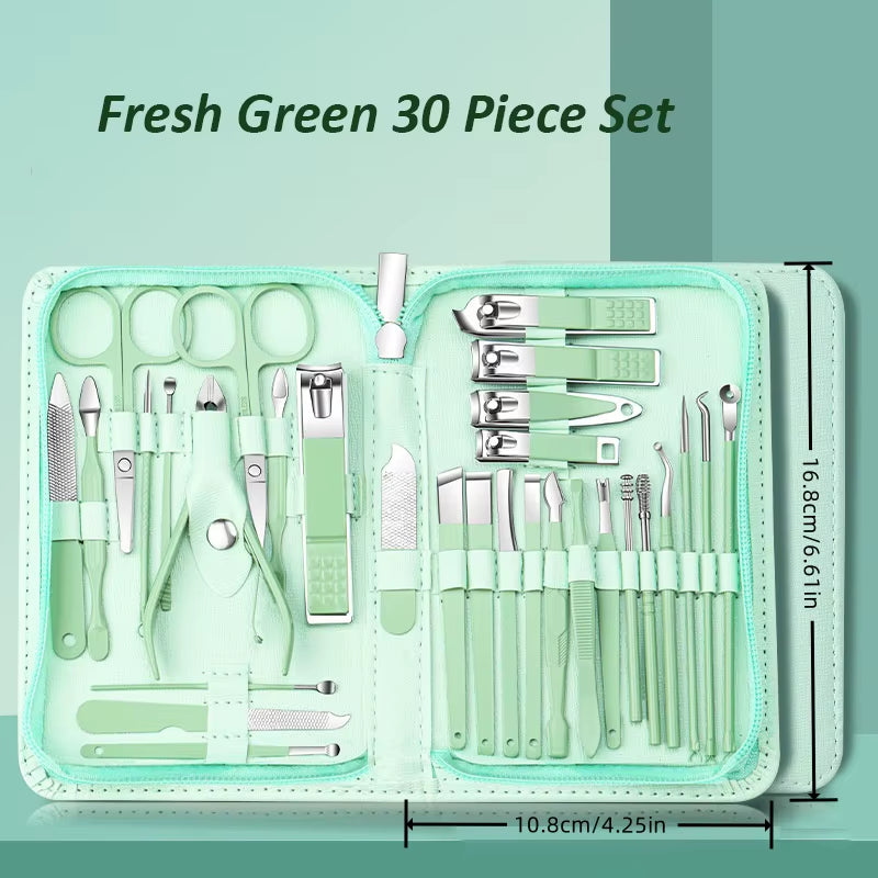 30Pcs Professional Stainless Steel Nail Clipper Set Green Nail Tools Manicure Pedicure Set of 30Pcs Travel Grooming Kit