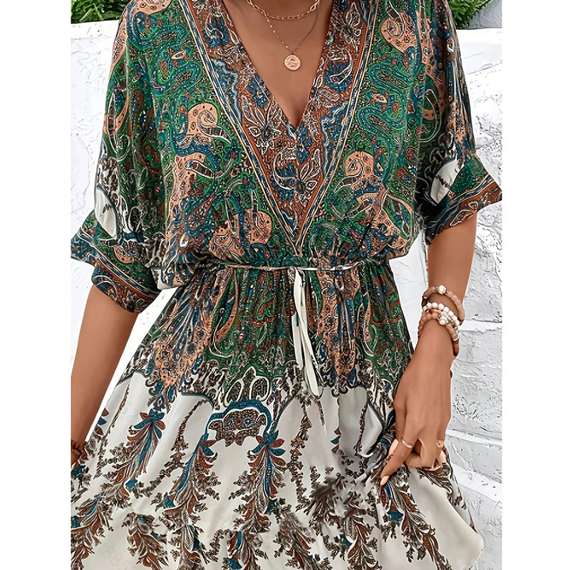 Women V-Neck Tie Front Short Sleeve Floral A-Line Beach Bohemian Flowy Waist Dress