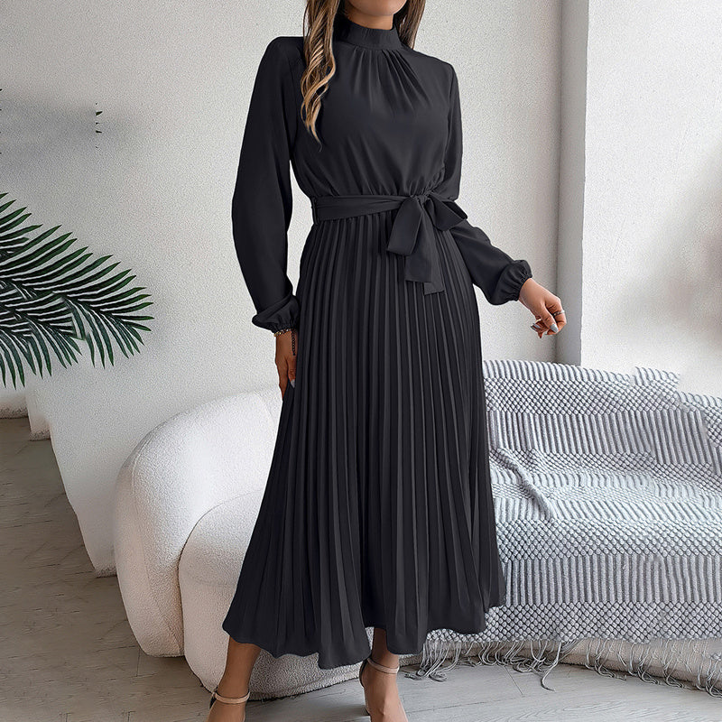 Elegant Solid Color High Collar Long Sleeve Pleated Flowing Dress