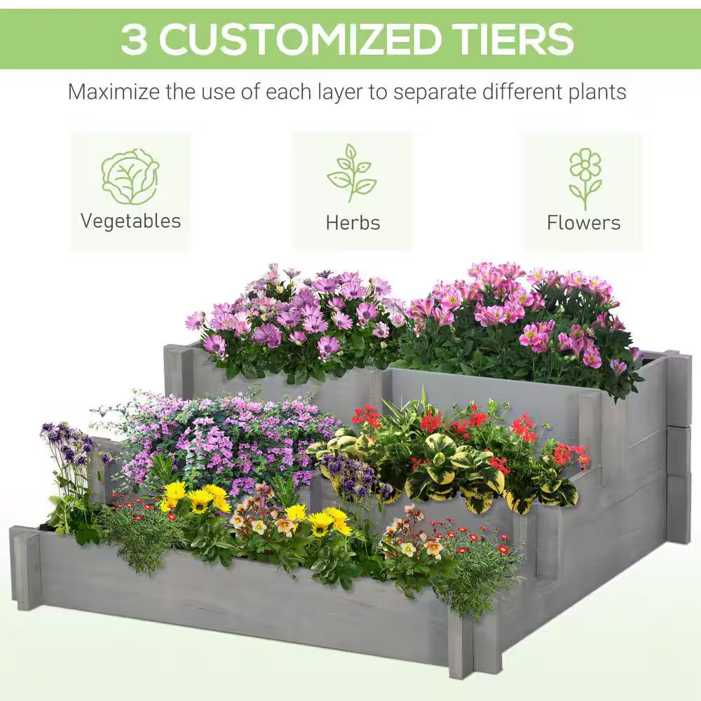 3-Tier Raised Garden Bed for Vegetables, Herbs, Outdoor Plants, Gray