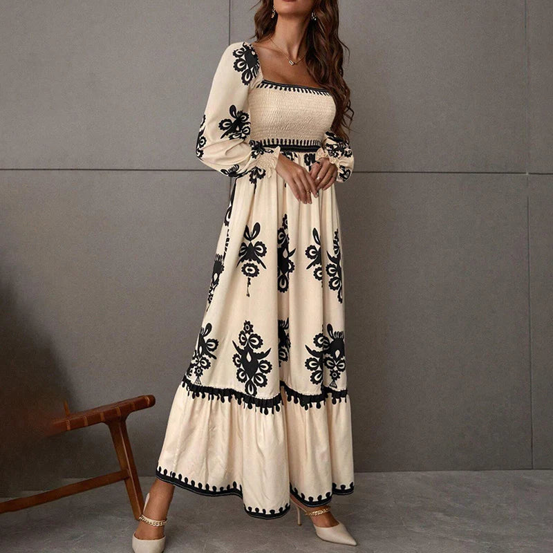 Elegant Women'S Retro Geometric Print Square Neck A-Line Lantern Sleeve Dress