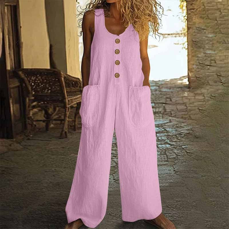 Women Elegant Casual Front Button Wide Leg Jumpsuit