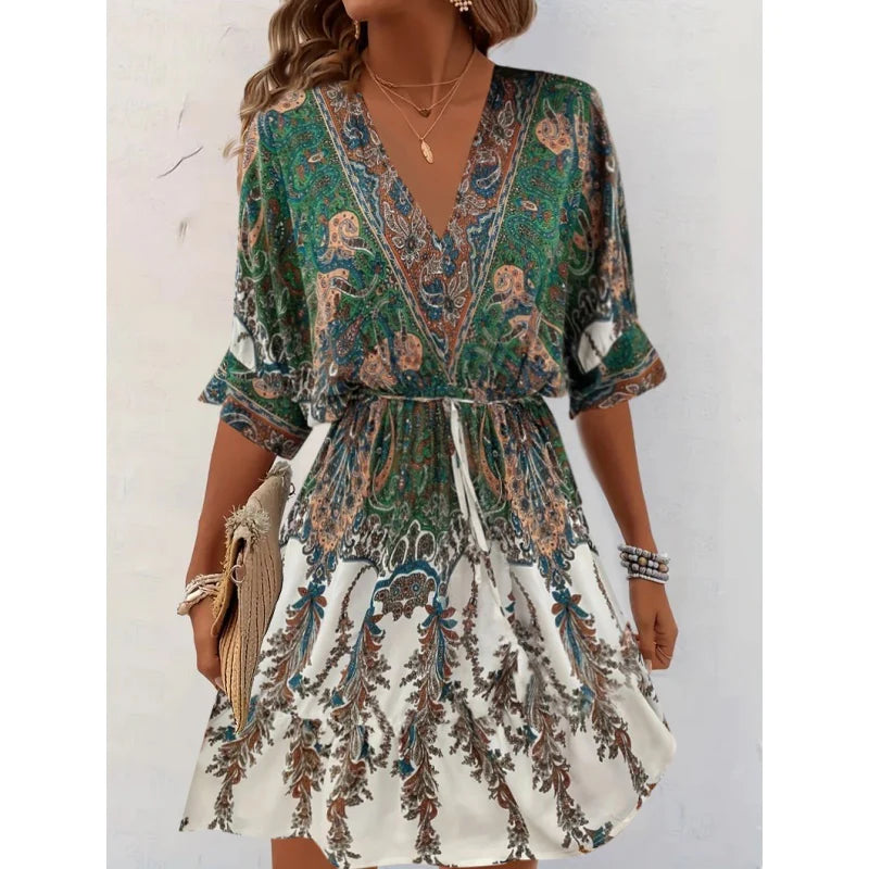 Women V-Neck Tie Front Short Sleeve Floral A-Line Beach Bohemian Flowy Waist Dress