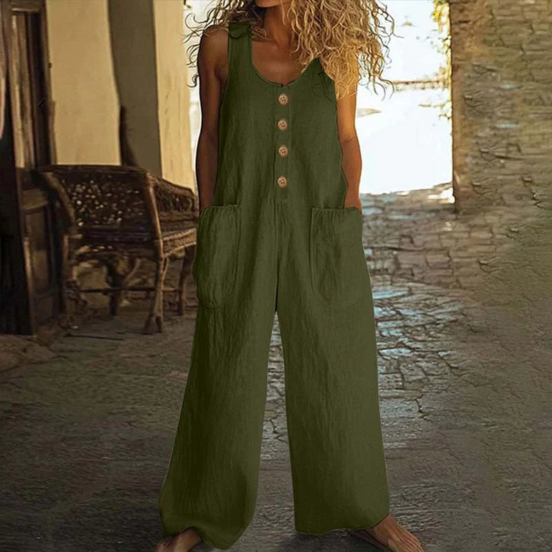 Women Elegant Casual Front Button Wide Leg Jumpsuit