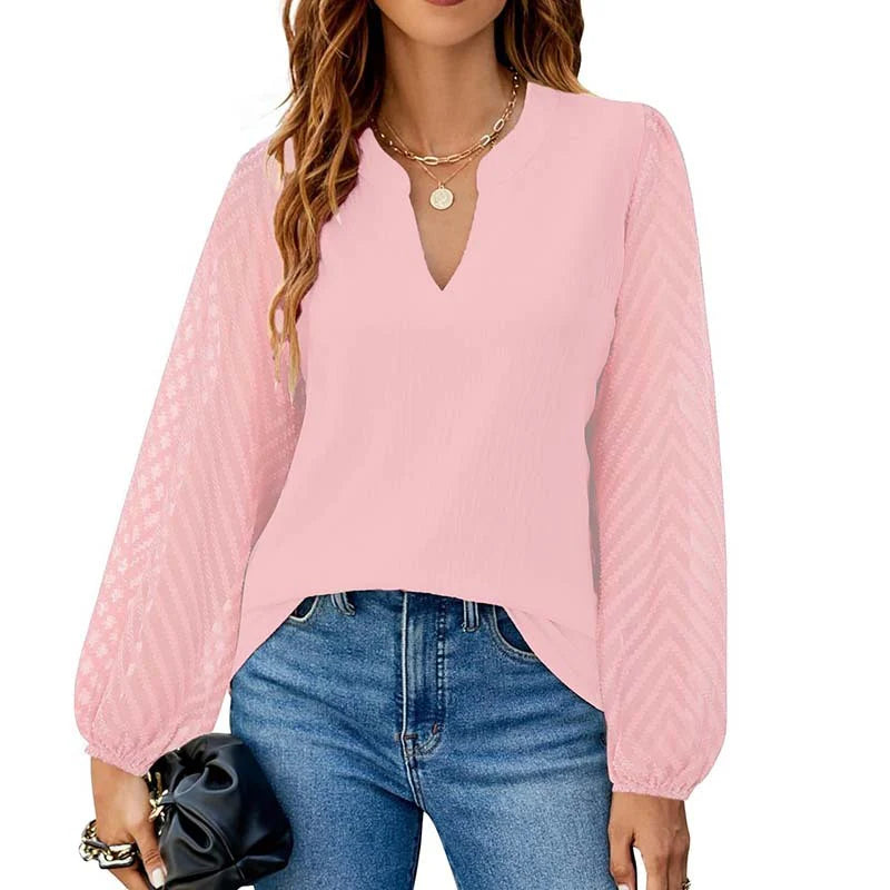 Women Elegant Casual V Neck Lace Long Sleeve Chiffon Shirt
