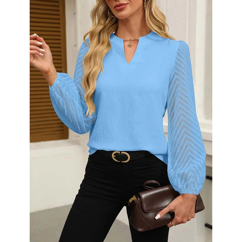 Women Elegant Casual V Neck Lace Long Sleeve Chiffon Shirt
