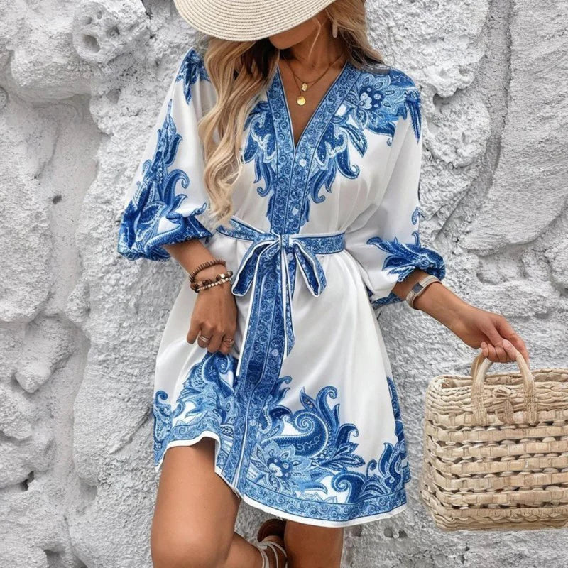 Women Elegant V Neck Lantern Sleeve Wrap Waist Tie Floral Print Dress