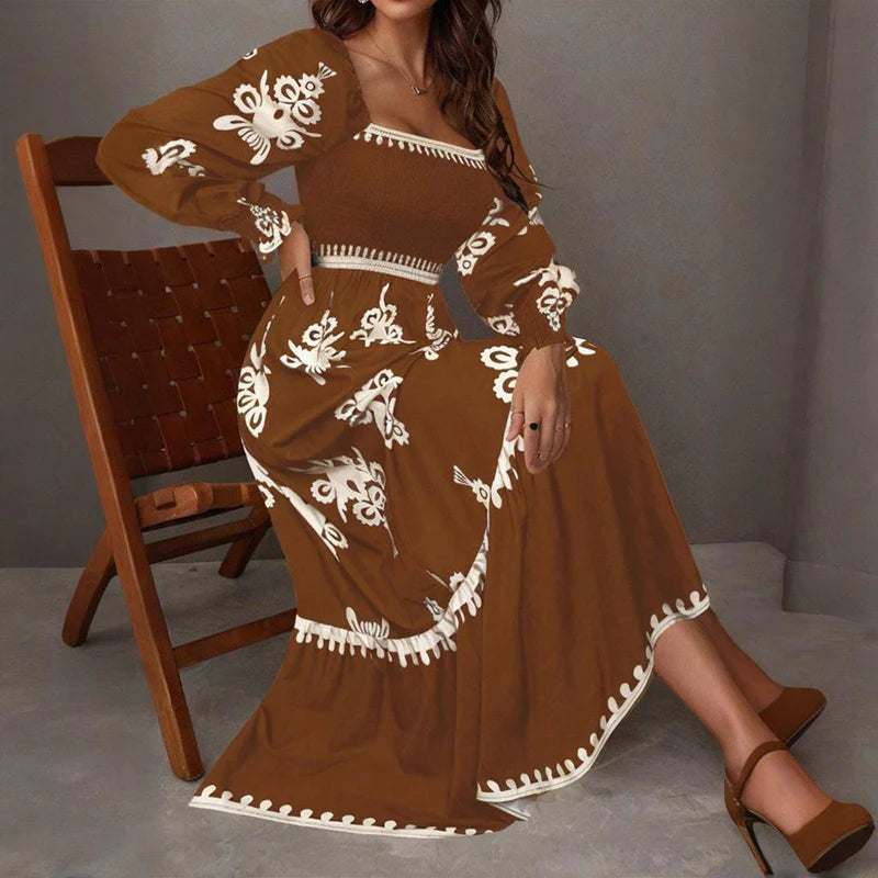 Elegant Women'S Retro Geometric Print Square Neck A-Line Lantern Sleeve Dress