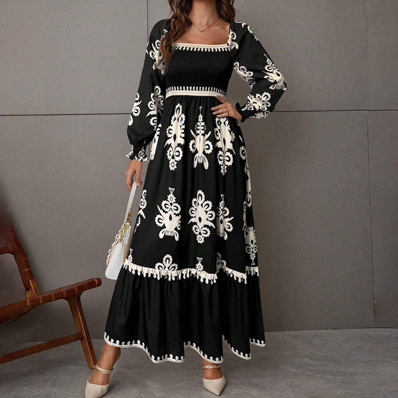 Elegant Women'S Retro Geometric Print Square Neck A-Line Lantern Sleeve Dress