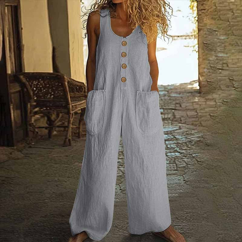 Women Elegant Casual Front Button Wide Leg Jumpsuit