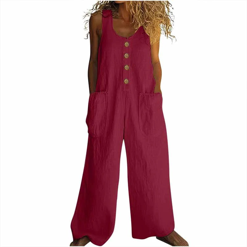 Women Elegant Casual Front Button Wide Leg Jumpsuit