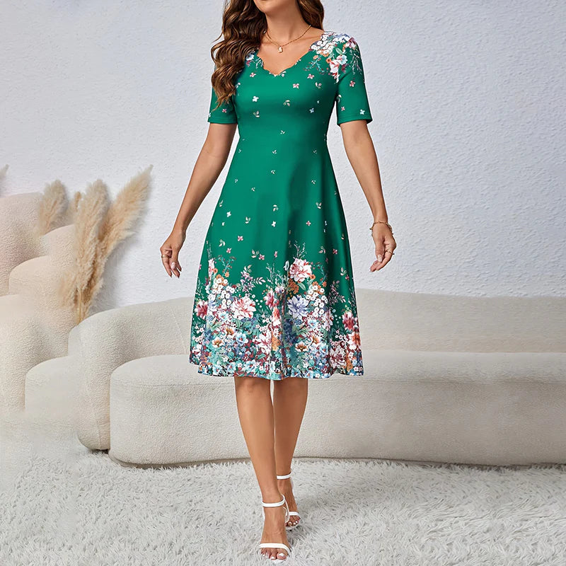 Ladies Summer Elegant Casual V-Neck Floral Dress