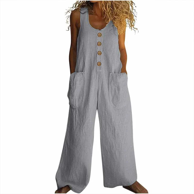 Women Elegant Casual Front Button Wide Leg Jumpsuit