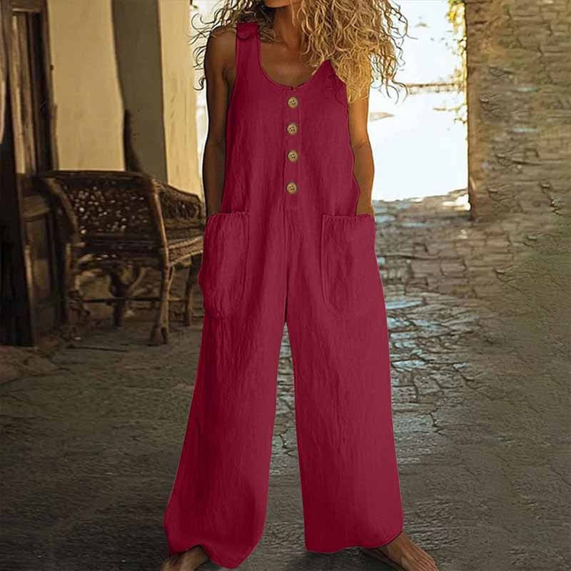 Women Elegant Casual Front Button Wide Leg Jumpsuit