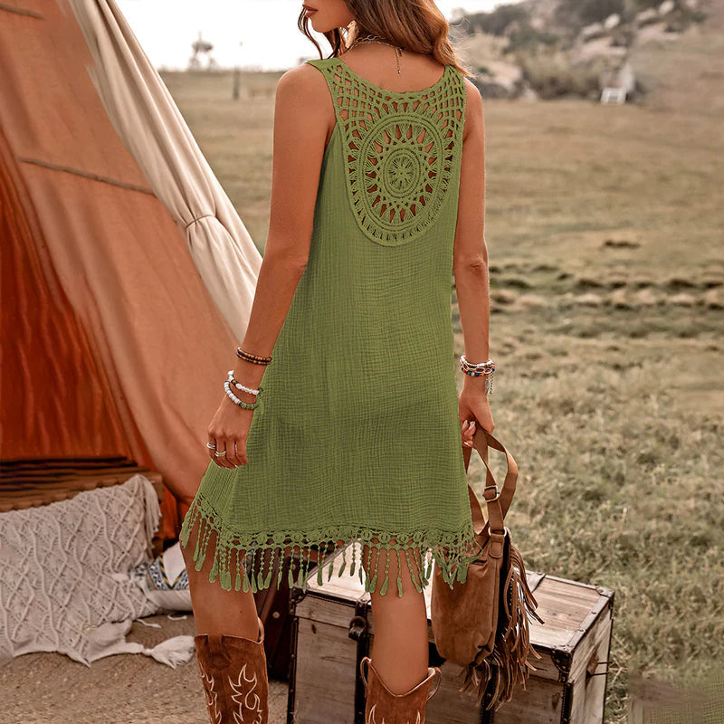 Women Elegant Solid Color V Neck Fringe Detail Sleeveless Bohemian Dress