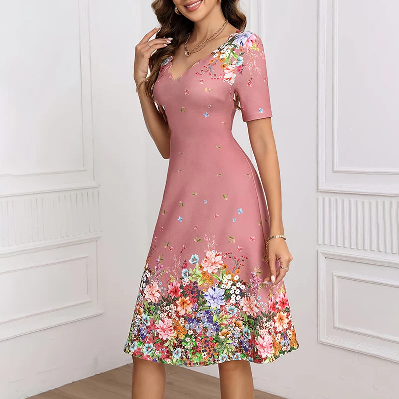 Ladies Summer Elegant Casual V-Neck Floral Dress