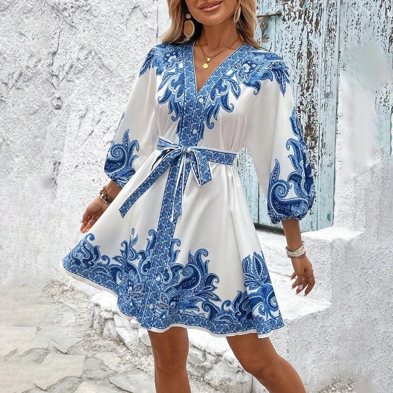 Women Elegant V Neck Lantern Sleeve Wrap Waist Tie Floral Print Dress