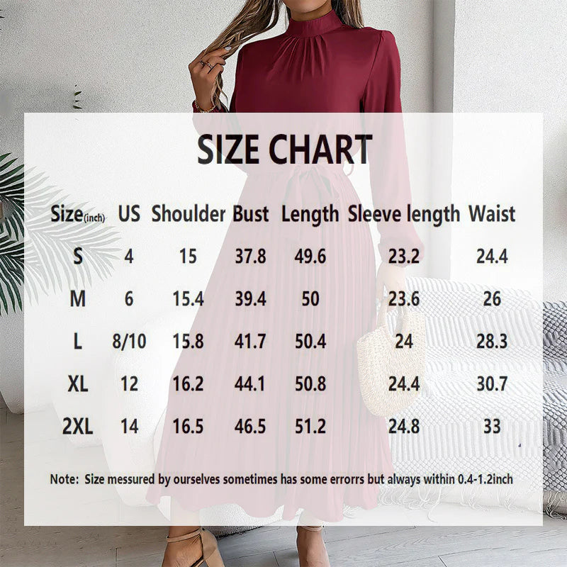 Elegant Solid Color High Collar Long Sleeve Pleated Flowing Dress