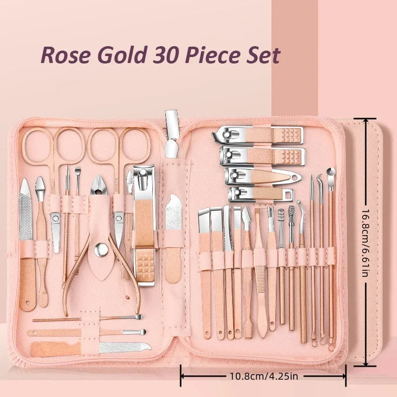 30Pcs Professional Stainless Steel Nail Clipper Set Green Nail Tools Manicure Pedicure Set of 30Pcs Travel Grooming Kit
